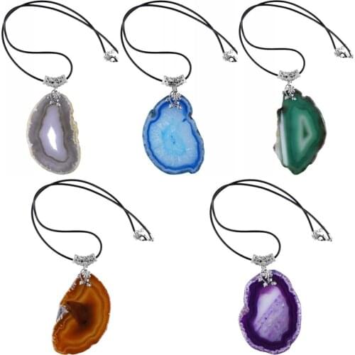 TUMBEELLUWA Handmade Natural Irregular Onyx Quartz Slices Pendant Necklace with Leather Cord Healing Reiki Jewelry for Unisex