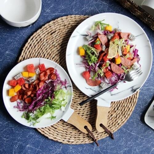 1pc Modern Marbled Ceramic Dinner Plate Household Breakfast Plate Porcelain Dishes with Bamboo Handle Tableware Gift 8/10inch