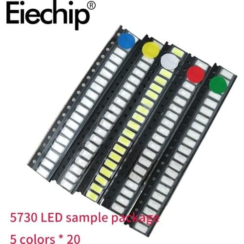 100pcs/Lot 60MA 0.2W 5730 SMD LED Diodes Assortment kit,white yellow red green blue 2.0~3.3V DIY Electronic components set