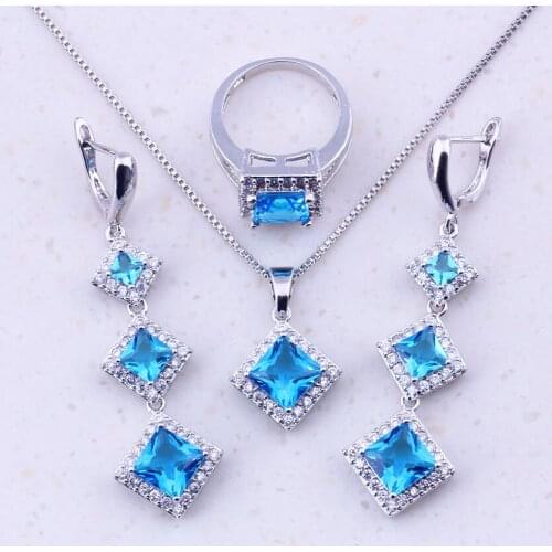 2017 New Products Sky Blue Crystal 925 Sterling Square Jewelry Sets For Women Fashion Jewelry Free Shipping J0041