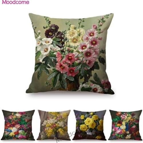 Yellow Pink Oil Painting Flowers Home Decorative Sofa Throw Pillow Case Cotton Linen Floral Classic Chair Cushion Cover 45x45cm