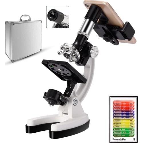 100X-600X-1200X Kids Beginner Biological Upgraded Microscope Metal Body LED/Mirror Light Source with Carrying Alloy Storage Box
