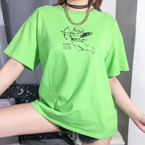 Sunfiz YF Graphic Such Cute Angel Print T-shirt Men Women Fluorescent Streetwear Hip Hop Soft Summer Tops Tee Homme Cotton Tees