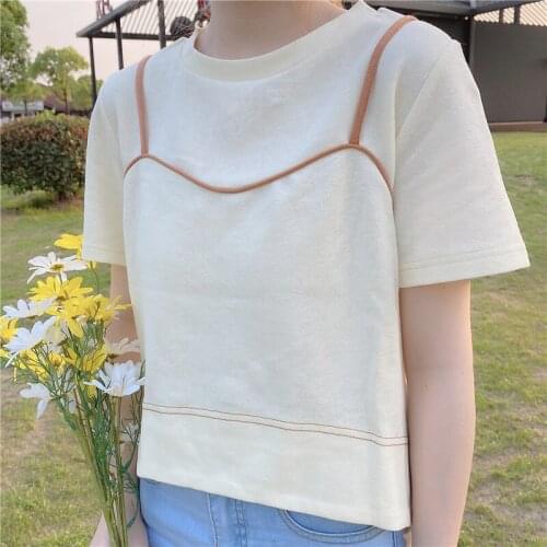 Idyllic Scenery Women Loose Slim Short Sleeve Top Fashion Sweet Fake Two-piece Short T-shirt