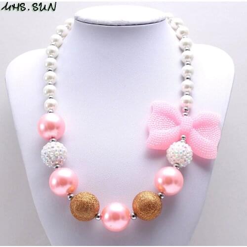 MHS.SUN cute baby girls pink bowknot necklace fashion kids chunky beads necklace handmade bubblegum jewelry gift for child toy