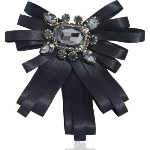 Retro Layered Ribbon Bow Tie Brooches Red Crystal Rhinestone Bowknot Shirt Collar Pin Bowtie Men Women Party Jewelry Accessories