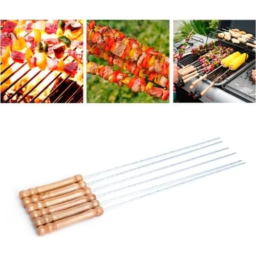 Stainless Steel BBQ Roast Barbecue Skewer Grill Kebab Needles Stick Wood Handle