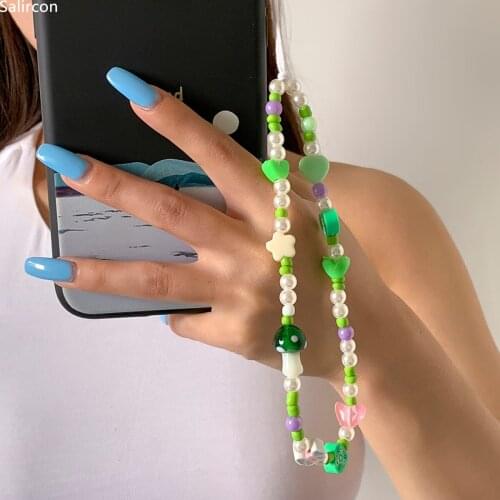 2021 New Ins Trendy Colorful Beads Chain Mobile Phone Chain Anti-Lost Handmade Acrylic Cord Lanyard For Women Jewelry Wholesale