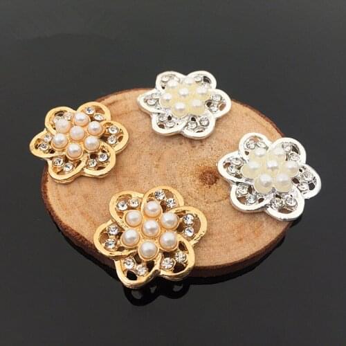 Wholesale 20Pcs 50PCs Crystal Rhinestone Pearl Alloy Flower Buttons DIY Jewelry Findings Silver Gold Color Patch Sticker Craft