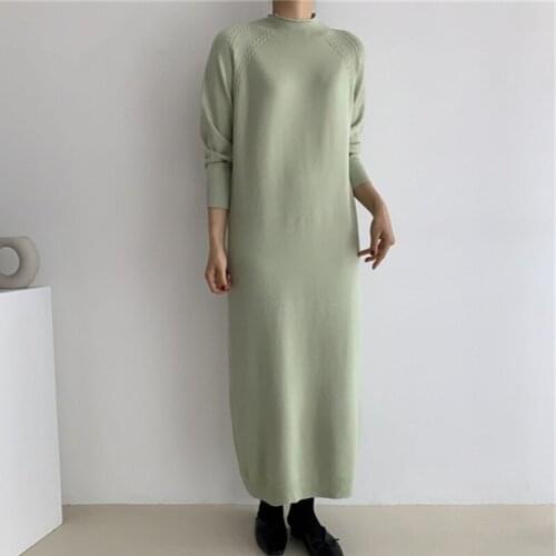 Autumn Winter Womens Straight Long Dresses 2021 New Long Sleeve Solid Half Turtleneck Casual Loose Knitting Dress Female