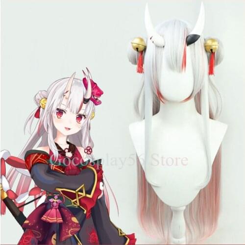 VTuber Nakiri Ayame Wig Buns Horns Bells Hololive Cosplay Prop Gray Pink Long Straight Youtuber Girls Holo no Graffiti Hair
