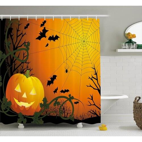 Spider Web Shower Curtain Halloween Themed Composition with Pumpkin Leaves Trees Web and Bats Bathroom Waterproof Curtains