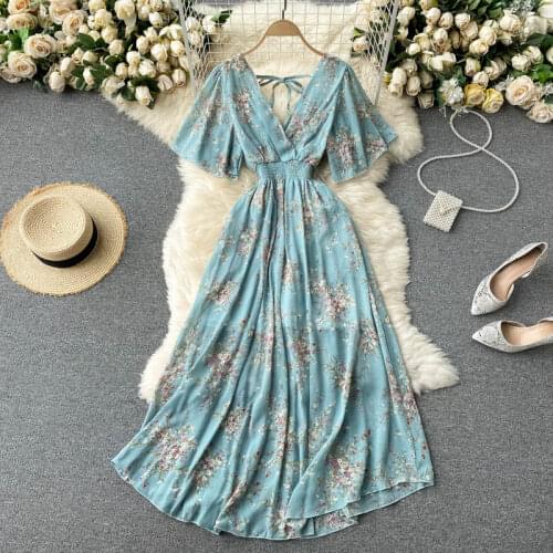SINGREINY Women Chiffon Floral Long Dress Korean V Neck Short Sleeve Ruched A-line Dresses Summer Bohemian Print Beach Dress