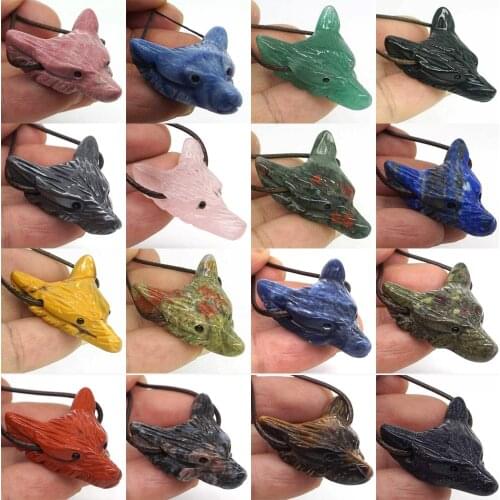 Wolf Head Pendant Statue Natural Stone Carved Crafts Decor Crystals Quartz Healing Reiki Animals Figurine Necklace Gifts 1.4"