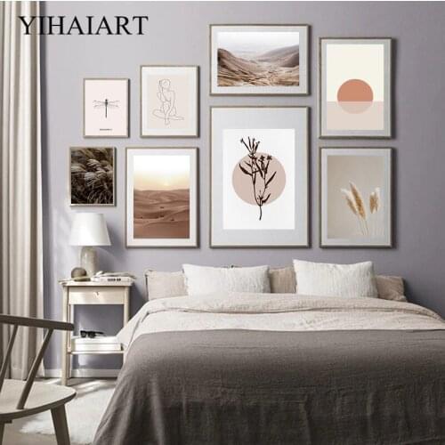 Nature Sunset Landscape Poster Modern Line Drawing Abstract Wall Art Print Scandinavia Desert Painting Nordic Decoration Picture