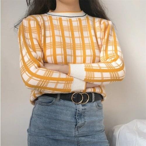 Sweater women autumn and winter new European and American stars with the same retro color-stitched plaid bottom knitwear