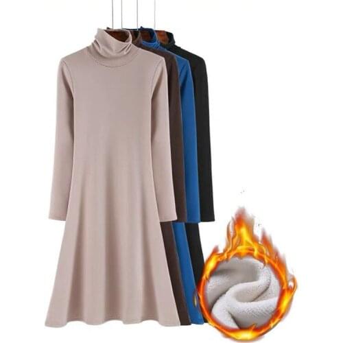 Warm Autumn fleece Dresses plus size Long Sleeved turtleneck Casual velvet Dress office lady Winter basic Dress 5XL 6XL 7XL