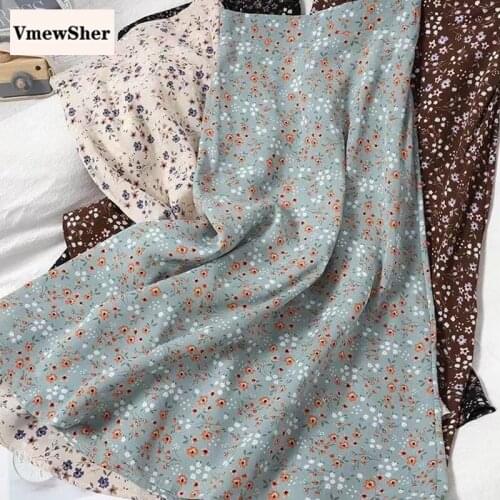 VmewSher New Spring Floral Women Skirts Chiffon Mid-calf Long Elastic High Waist Lady Elegant Summer Flower Print a Line Skirt