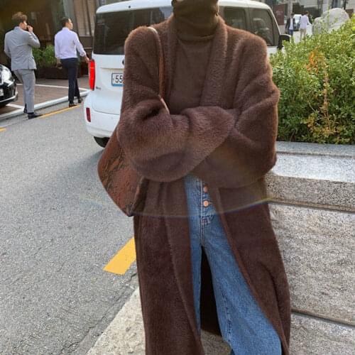 Women 2021 Autumn Fashion Imitation Mink Velvet Sweater Coats Female V-neck Knitted Jackets Ladies Long Cardigan Overcoats T363