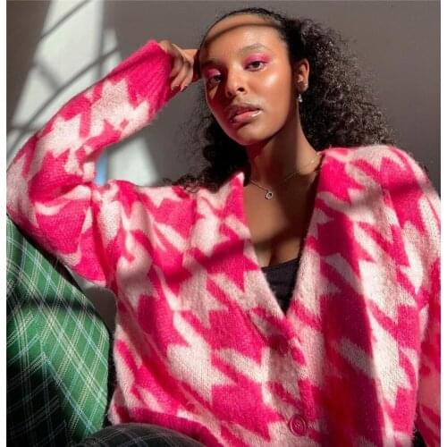 MONMOIRA V-neck Houndstooth Women Mohair Knitted Cardigans Autumn INS Chic Causal Sweaters Female Y2K Streetwear cws0639-5
