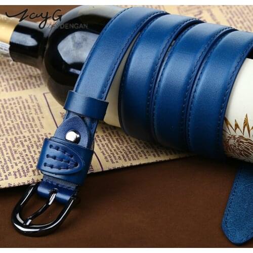 ZAYG Genuine leather Belts for Women Fashion Pin buckle thin woman belt High quality cow leather jeans strap female Blue belt