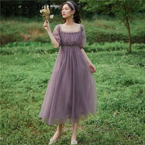 Women Summer Fashion Purple Mesh Dress Sexy Square Collar Waisted Chic Party Dress Puff Sleeve Retro A Line Holiday Fairy Dress