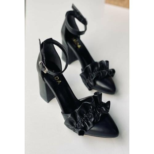 Black Leather Frilly Women Heels Shoes