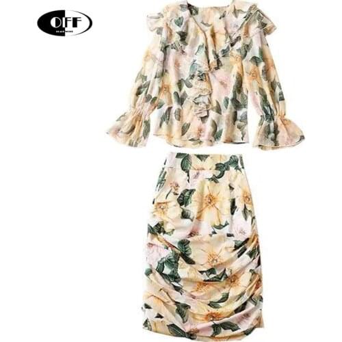 Designer zevity camellia dress with floral pattern elegant ruffles two piece set suit office top blouses Slinky skirt 2piece set