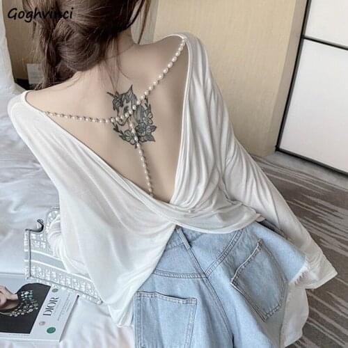 T-Shirts Women Plus Size Loose Backless Sexy Ladies Tops Korean Style All-match Simple Ins Retro Chic Soft Sun-proof Fashion New