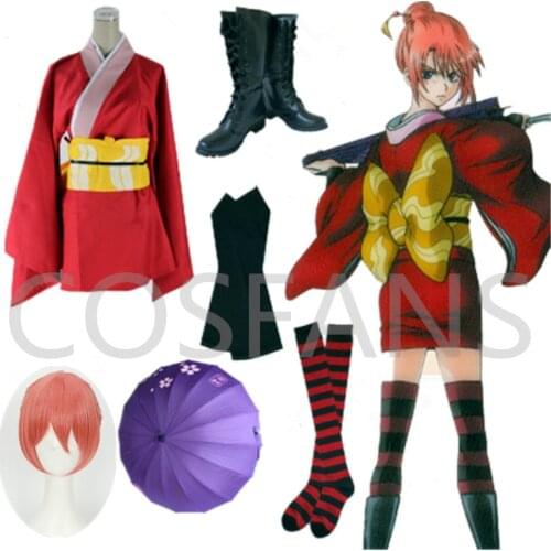 HOT! Anime Gintama Kagura Cosplay Costume silver soul Kagura red dress wigs Japan traditional kimono Halloween Cosplay Dress