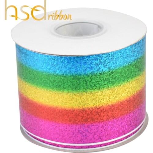 HSDRibbon hsd-design Genuine straight line 75mm 3inch Rainbow foil grosgrain ribbon