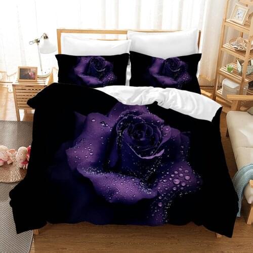 Dark Purple Roses Bedding Set Romantic Mew Flowers Duvet Cover Sets Comforter Bed Linen Twin Queen King Single Size Dropshipping