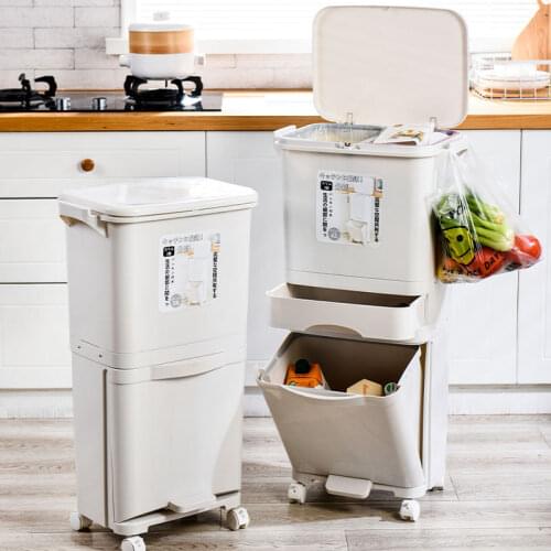 New 42L Kitchen Gargabe Can Wet Dry Trash Sorting Bin 3 Layers Recyclable Vertical Trash Cabinet Household Waste Bin With Wheels