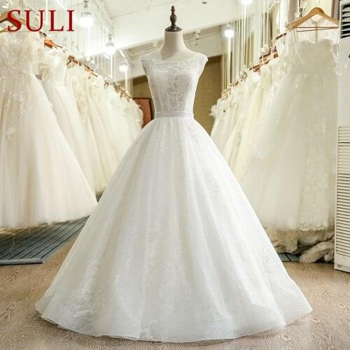 SL-228 O Neck Cap Sleeve Bridal Dress Lace Sequins Wedding Dresses 2017