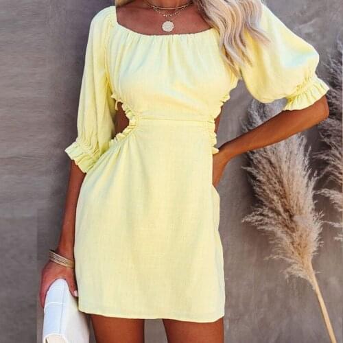 Solid Color Open Back Sexy Spring and Summer Womens Dress Half Sleeved Slash Neck Slim Dress
