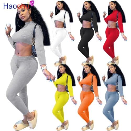 Autumn Solid Elastic Hight Ribbed Outfit Women High Necked Long Sleeve Bandage Tops and Fitness Legging Activewear Two Piece Set