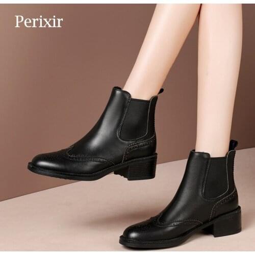 Perixir Baroque Ankle Boots Woman Square Low Heels Black Brown Genuine Leather Comfortable Round Toe Chelsea Shoes Lady CW025