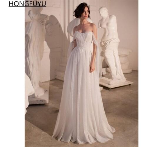HONGFUYU Elegant Off the Shoulder A Line Wedding Dress vestidos Tulle Pleats Lace Up Bridal Gowns robe de mariée Sweep Train