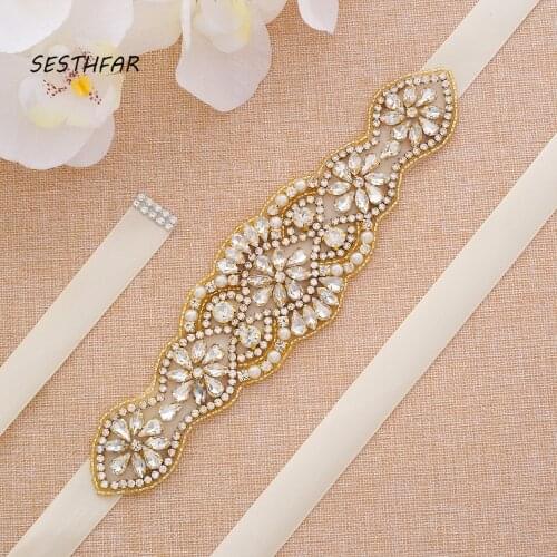 Pearls Wedding Belt Rhinestones Bridal Belt Handmade Gold Crystal Flower Wedding Sash For Bridal Gown J119G