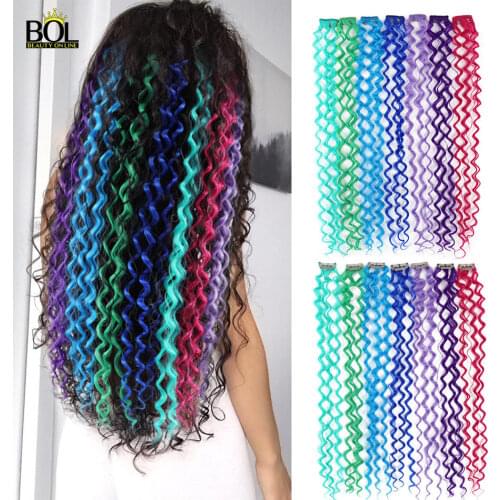 Clip In One Piece Hair Extensions 10 Pieces/Set Heat Resistant 24Inches Kinky Curly Synthetic Hairpieces Women Girls Rainbow
