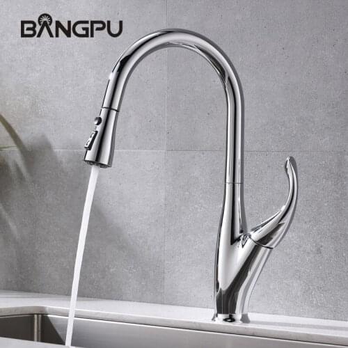BANGPU Kitchen Sink Pull Out Faucet Deck Mounted Single Handle Kitchen Faucet Pull Down Faucet Stream Sprayer Nozzle Chrome
