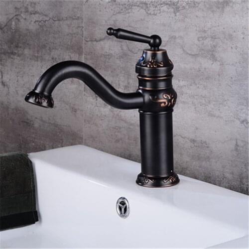 Basin Faucets Copper Dark Bronze Bathroom Large Bend Mouth Type Basin Pattern Design Faucet Cold Hot Water Crane Sink Mixer Taps