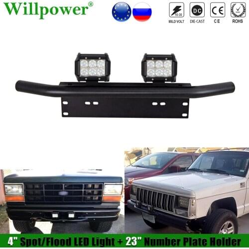 Offroad 4x4 4" LED Light Pods + Bumper Number Plate Holder Bull Bar Mount Bracket SUV Truck Pickup Flood Spot Driving Fog Lamp