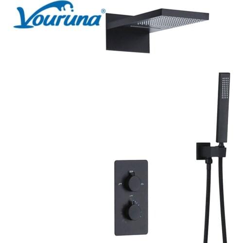 VOURUNA Matte Black Waterfall Thermostatic Bathroom Shower System Wall Mount Bathing Shower Faucet Mixer Tap Square Style