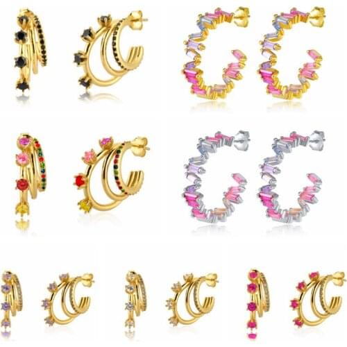 High-Quality 925 Silver Ear Needle Rainbow Claw Flower Stud Earrings White/Black/Colorful Zircon Gold Earrings Fashion Jewelry