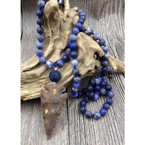 YA2654 Natural Stone Arrow Pendant Crystal Ball Sodalite Stone 8mm Beads Knot Handmade Necklace 30inch long