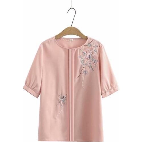 Plus size embroidery Folds chiffon women tshirts 2021 new summer casual ladies t shirts female tops t-shirts pink white blue