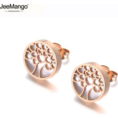 JeeMango Original Design Titanium Stainless Steel Love Heart Earrings For Women Elegant White Shell Tree Plant Earrings JE19185