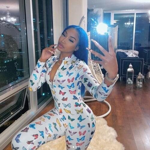 Butterfly Print Sexy Long Sleeve Bodycon Jumpsuit Rompers Women 2020 Front Zipper Clubwear Outfits One Piece Rompers Active Wear