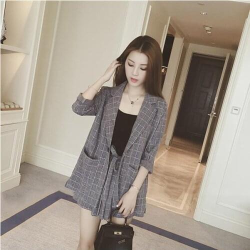 Spring Summer Women Two Piece Set Casual Tops + Shorts plaid Single Breasted Top Female Office Suit Set